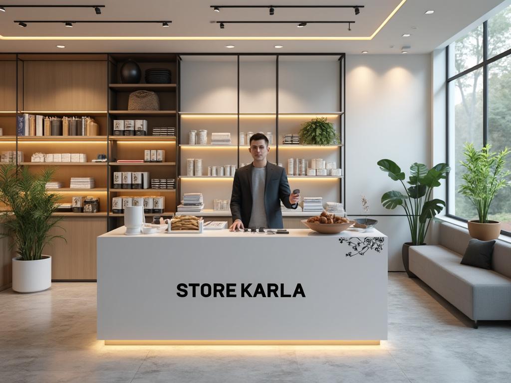 Hombre detrás de mostrador en tienda moderna, plantas y estantes con productos de fondo.