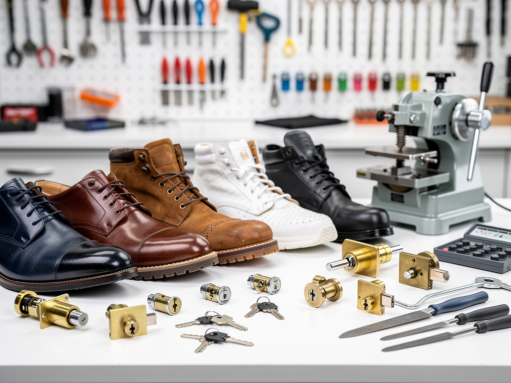 Zapatos y botas junto a cerraduras, llaves y herramientas de cerrajería en un taller profesional