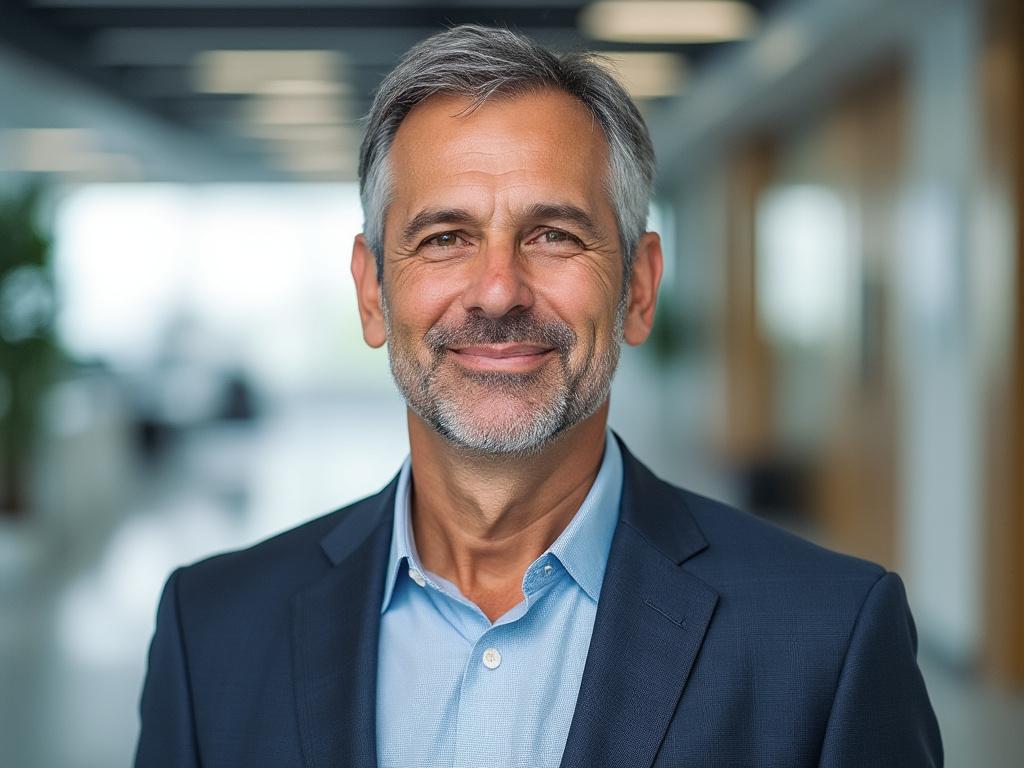 Middle-aged man in a business suit smiling in a modern office environment. Middle-aged man in a business suit smiling in a modern office environment.