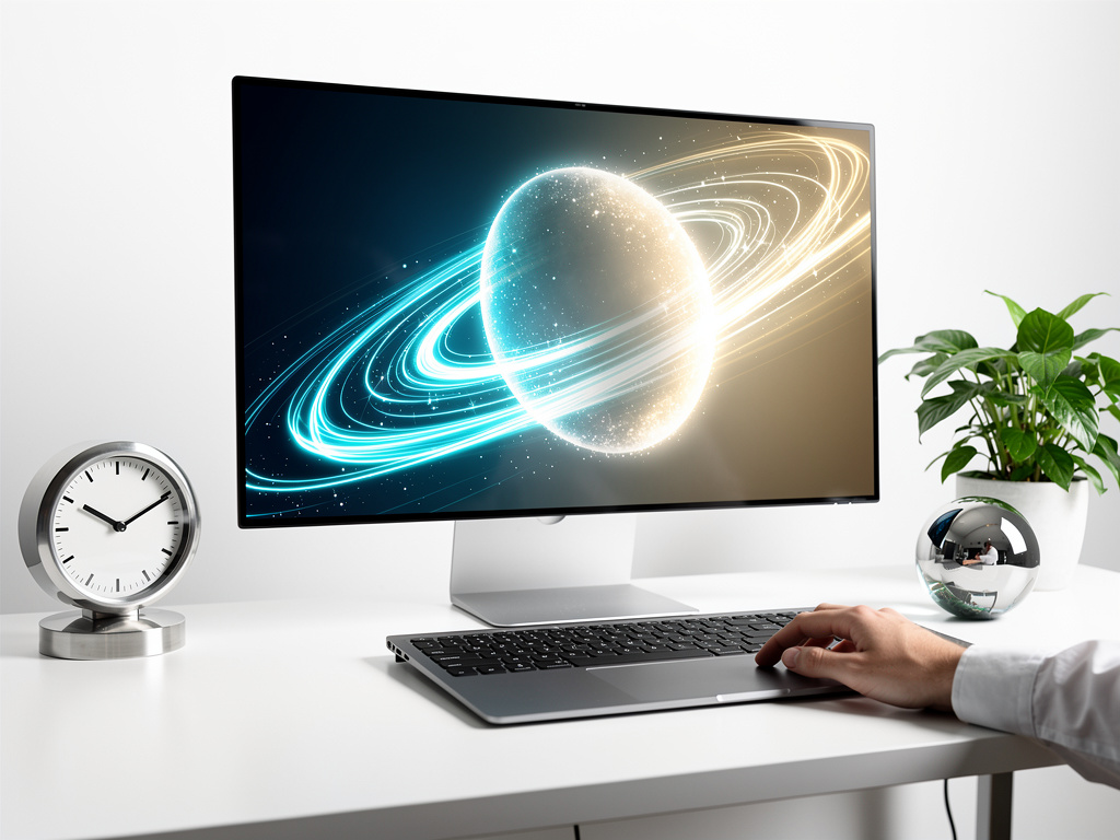 Monitor de escritorio con imagen futurista de planeta con anillos luminosos, teclado, mano usando ratón, reloj y planta en oficina moderna