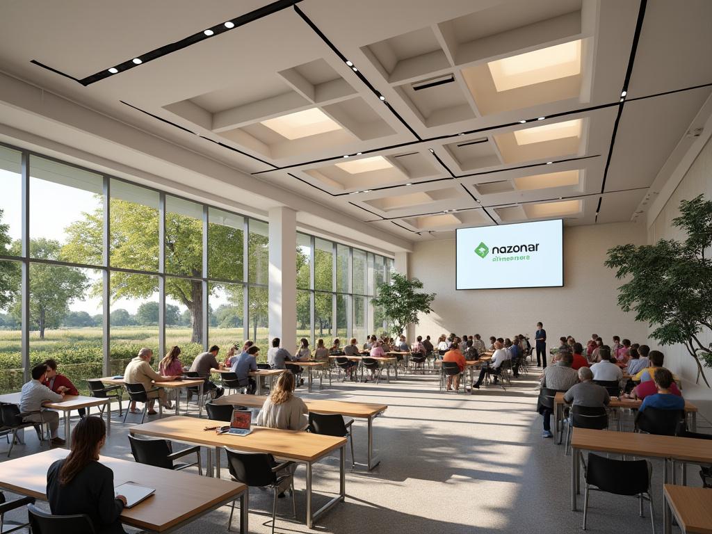 Sala de conferencias moderna con grandes ventanales y personas sentadas en mesas, pantalla con logo de naozonar.