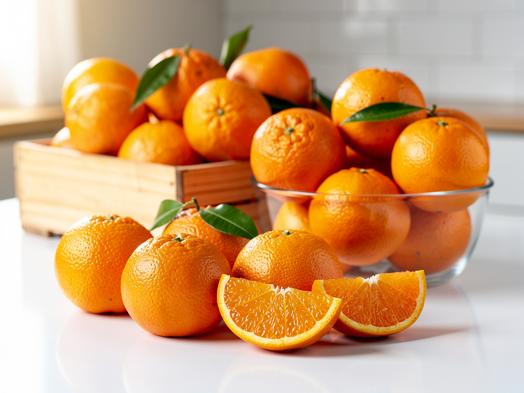 Naranjas frescas con hojas en cuenco de vidrio y caja de madera, con gajos de naranja cortados sobre mesa blanca Naranjas frescas con hojas en cuenco de vidrio y caja de madera, con gajos de naranja cortados sobre mesa blanca