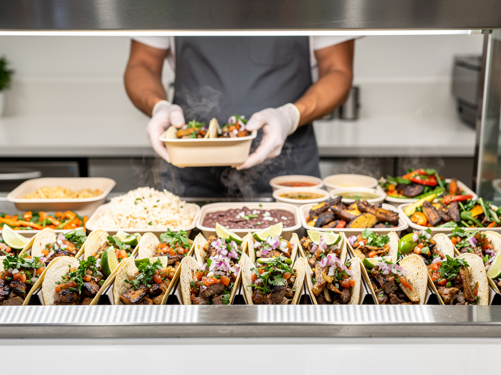 Chef sirviendo tacos mexicanos variados con verduras frescas, arroz, frijoles y salsas en mostrador de restaurante Chef sirviendo tacos mexicanos variados con verduras frescas, arroz, frijoles y salsas en mostrador de restaurante