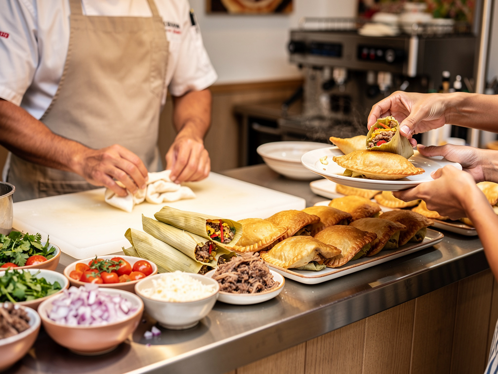 Chef preparando empanadas y tamales artesanales con carne y verduras en cocina latinoamericana