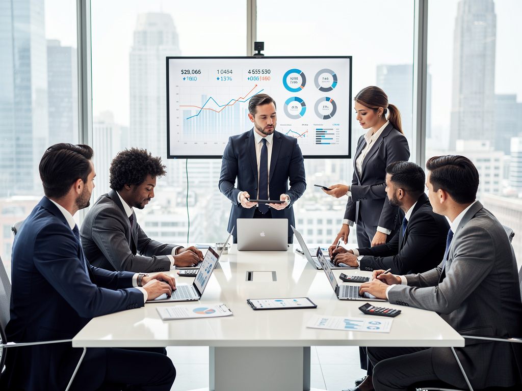 Equipo de negocios en reunión corporativa analizando gráficos financieros y datos en pantalla en una sala de conferencias moderna
