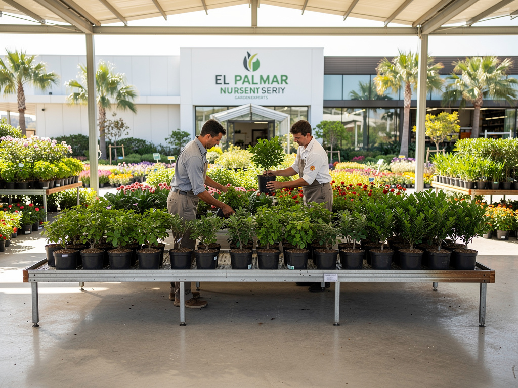 Trabajadores organizando plantas en macetas en el vivero El Palmar, con flores y palmeras en un centro de jardinería
