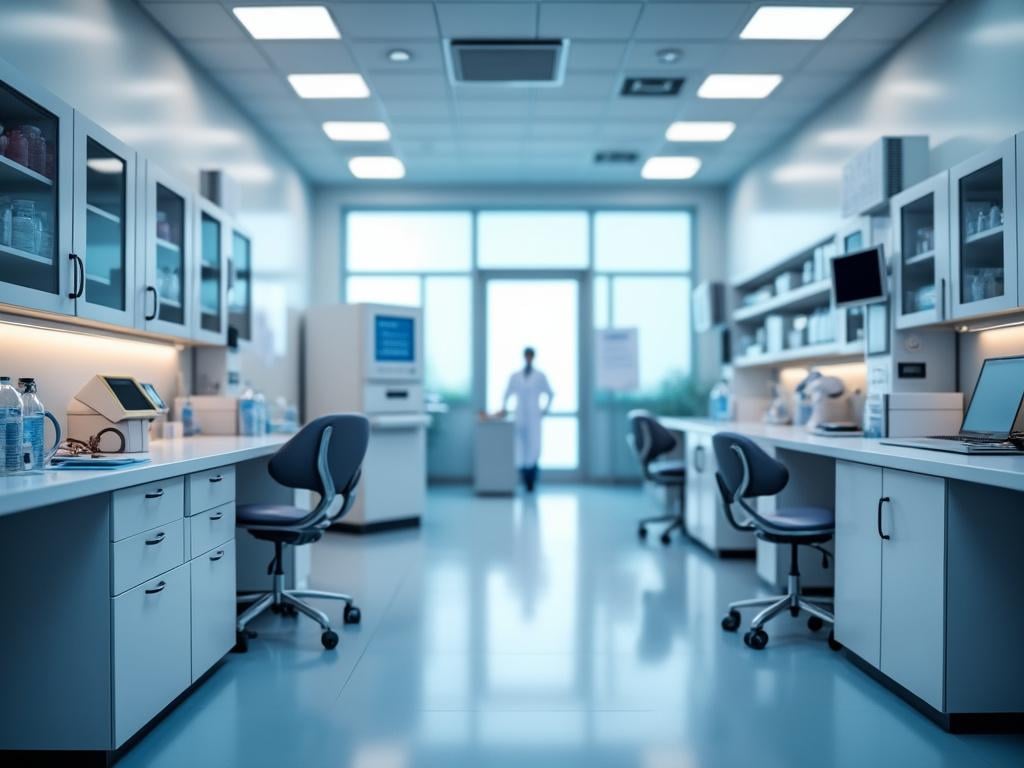 Interior de un laboratorio moderno con equipamiento científico, sillas giratorias y estanterías llenas de suministros.