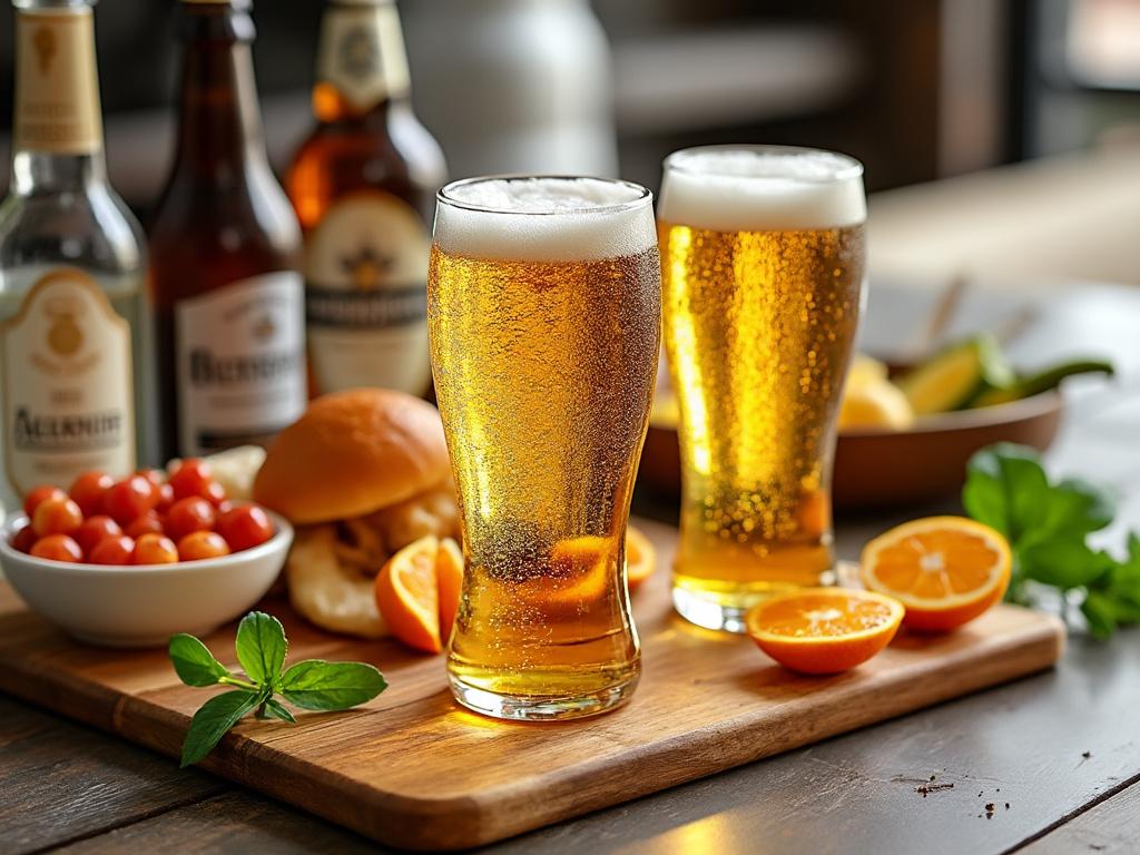 Dos vasos de cerveza fría sobre una tabla de madera junto a naranjas en rodajas, tomatitos cherry y botellas de cerveza de fondo.