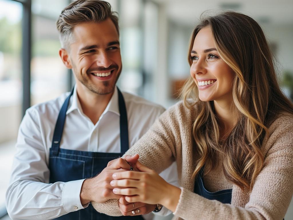 Pareja sonriente con delantales, sentados juntos en un ambiente luminoso.