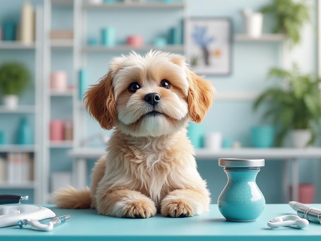 Perro pequeño de pelaje claro en una clínica veterinaria con decoraciones en tonos pastel.