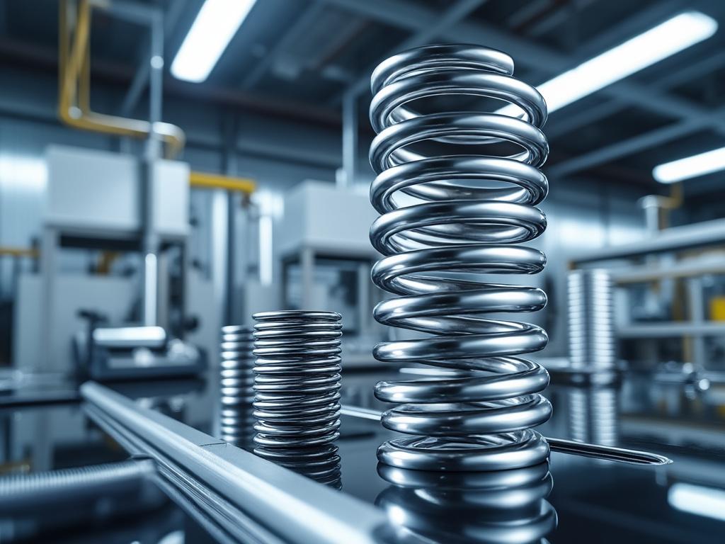 Muelles metálicos grandes y pequeños en un entorno industrial moderno con maquinaria de fondo.