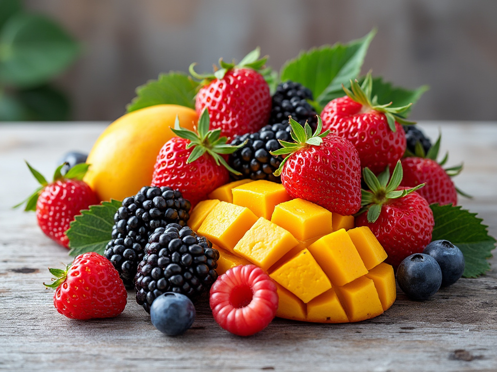 Mesa de madera con varias frutas frescas: mango en cubos, fresas, moras, frambuesas y arándanos, decoradas con hojas verdes.