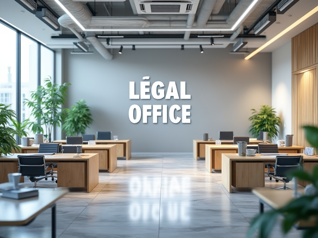 Oficina legal moderna con escritorios y plantas, ambiente iluminado y minimalista.