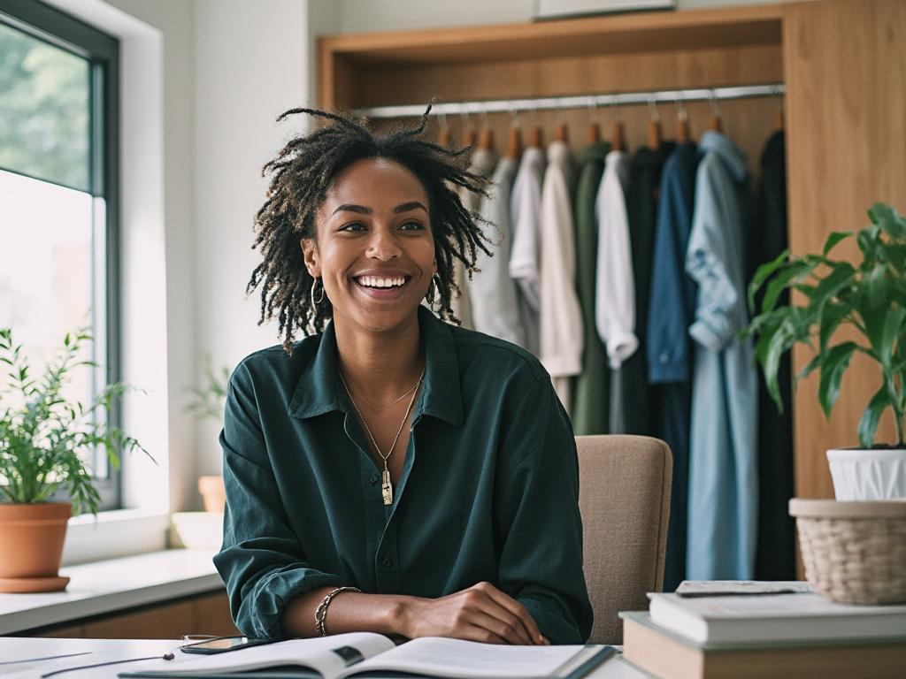 Smiling person with natural hair sitting at a desk, surrounded by plants and a clothing rack in a bright, modern office space.