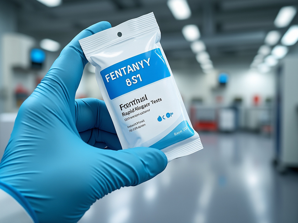 Mano con guante azul sosteniendo un paquete de prueba rápida de fentanilo en un laboratorio clínico