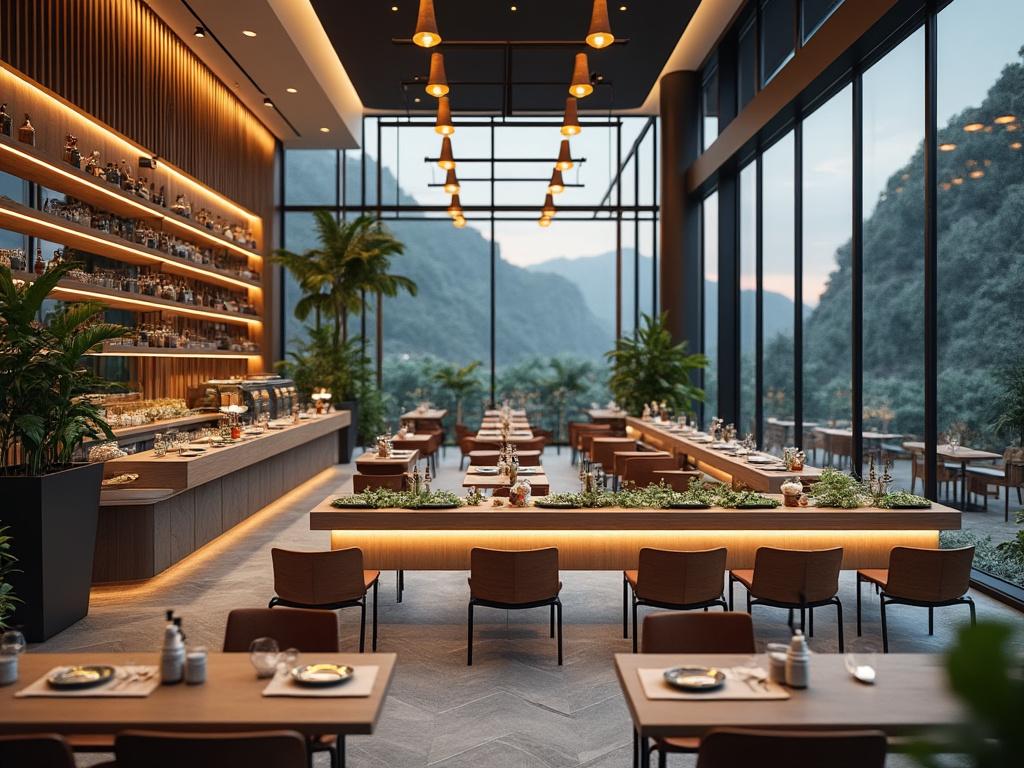 Restaurante elegante con gran vista panorámica a las montañas, mesas dispuestas ordenadamente y moderna barra iluminada junto a ventanas de cristal.