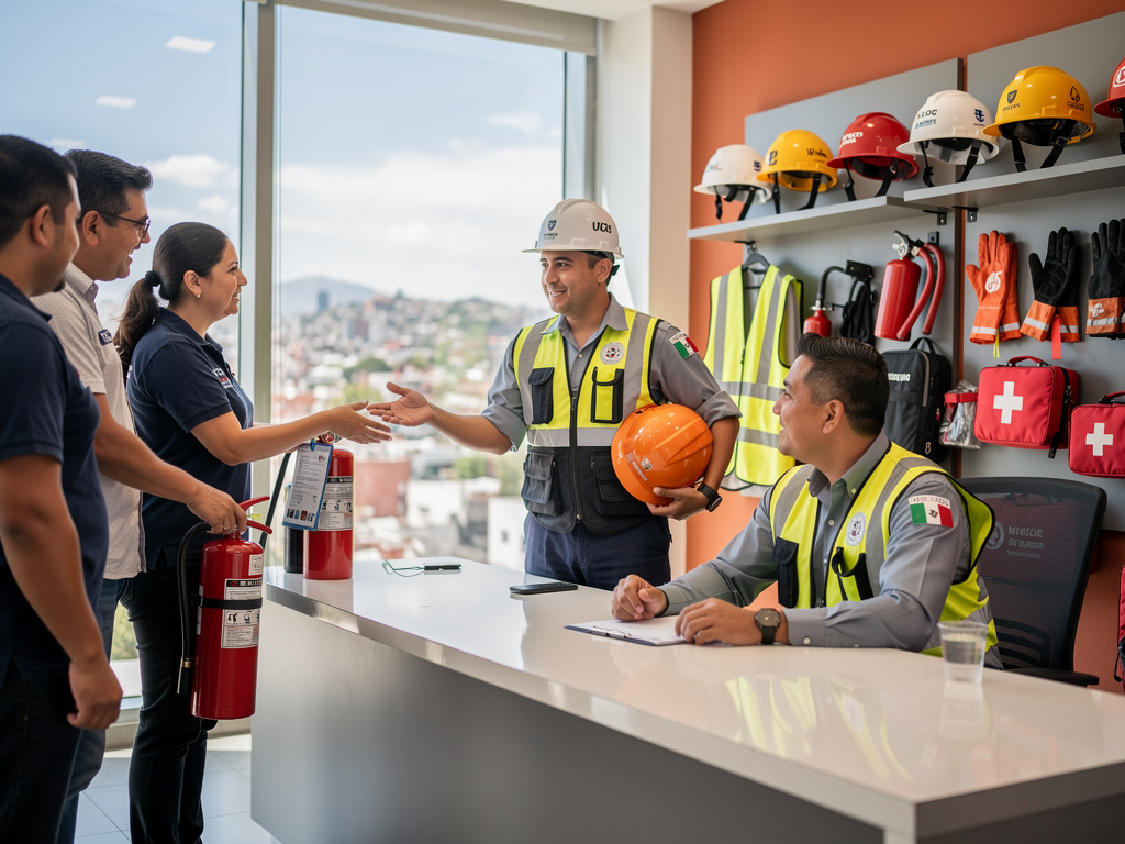Capacitación de seguridad industrial con brigadistas, cascos, extintores y equipo de protección en oficina