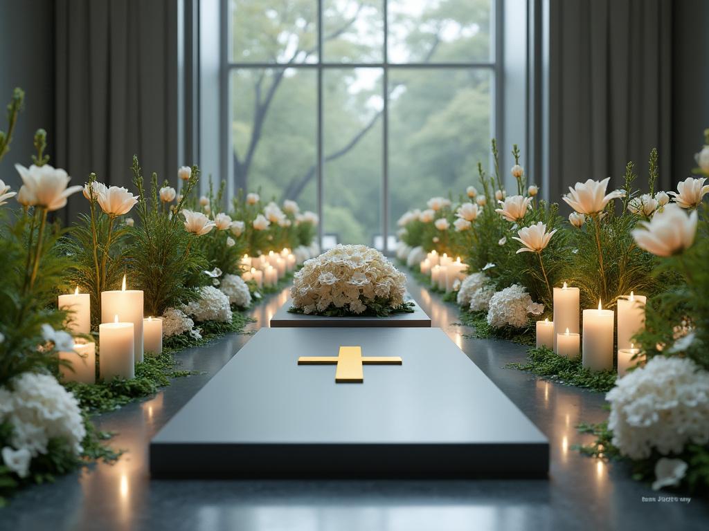 Interior de una iglesia con velas encendidas, flores blancas y un altar negro con una cruz dorada, ventanal grande al fondo.