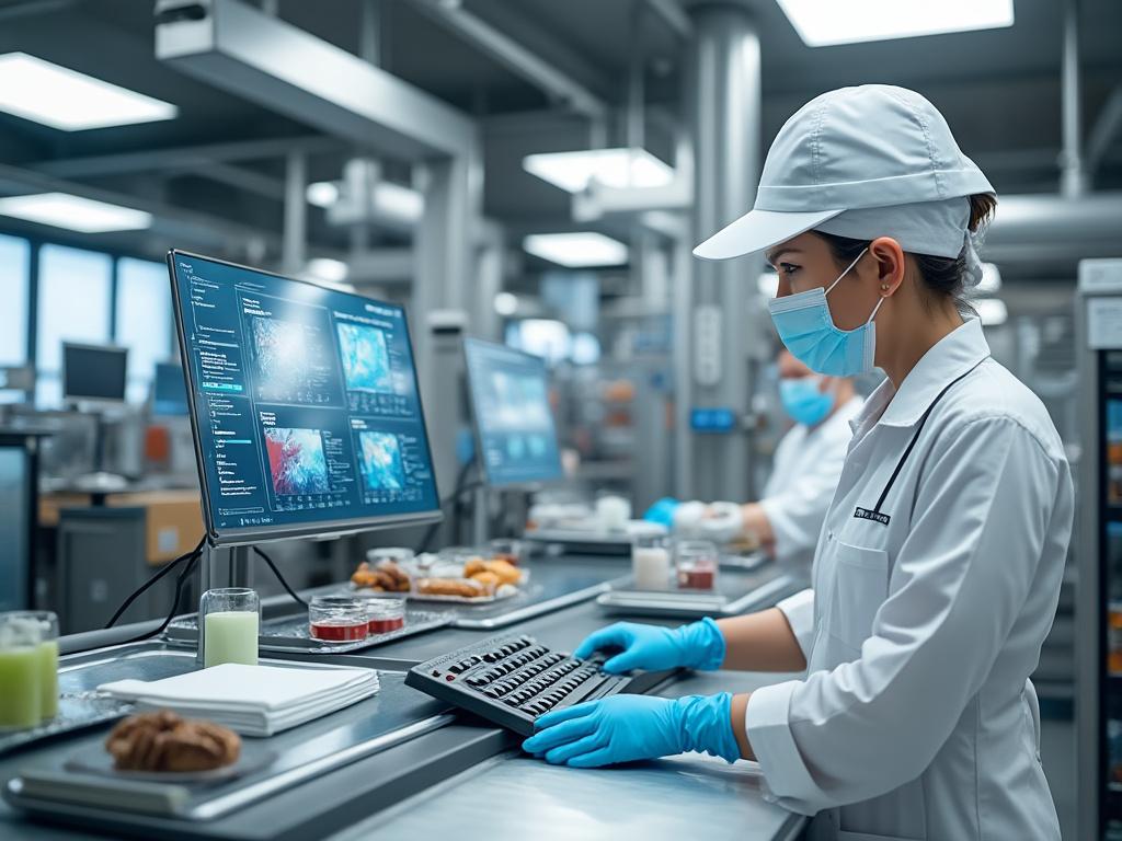 Personal de laboratorio con mascarillas, usando computadoras en entorno industrial.