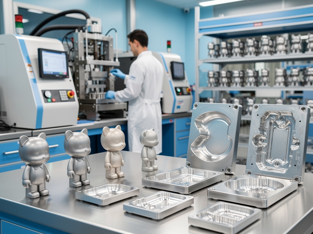 Técnico en laboratorio de fabricación con moldes metálicos CNC y prototipos de figuras de juguete sobre mesa de trabajo