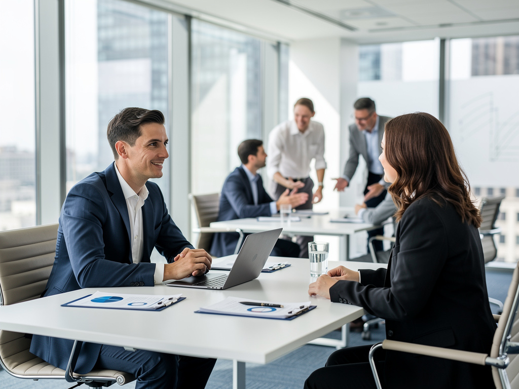 Profesionales de negocios en reunión corporativa en oficina moderna con portátiles y gráficos