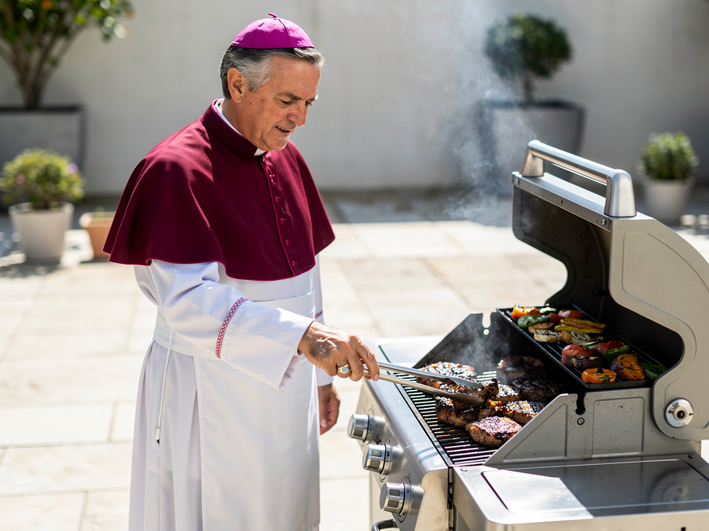 Obispo con vestimenta religiosa cocinando carne y verduras en una barbacoa al aire libre