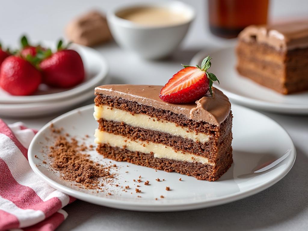 Rebanada de pastel de chocolate con crema, decorada con fresa, en un plato blanco, acompañada de fresas en el fondo.