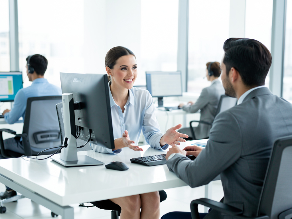 Asesora de atención al cliente conversando con un cliente en una oficina moderna con computadoras