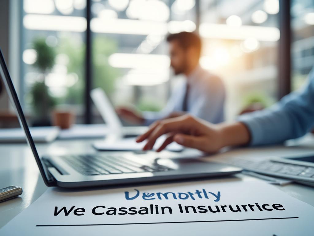 Business meeting with focus on laptop and document titled 'We Cassalin Insurtice', blurred office background.