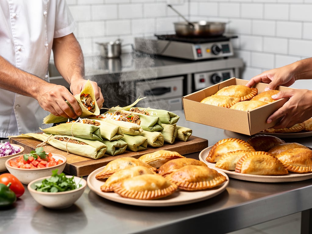 Chef preparando tamales calientes y empanadas doradas en cocina profesional con caja para llevar