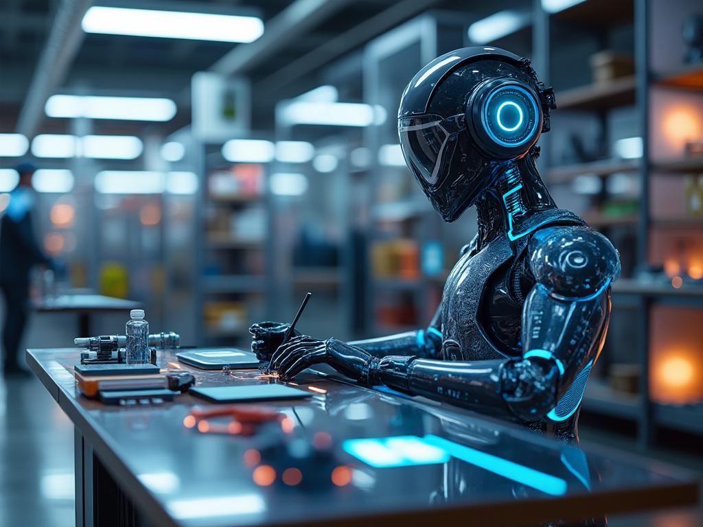 Robot futurista trabajando en un laboratorio con herramientas y papeles sobre la mesa.