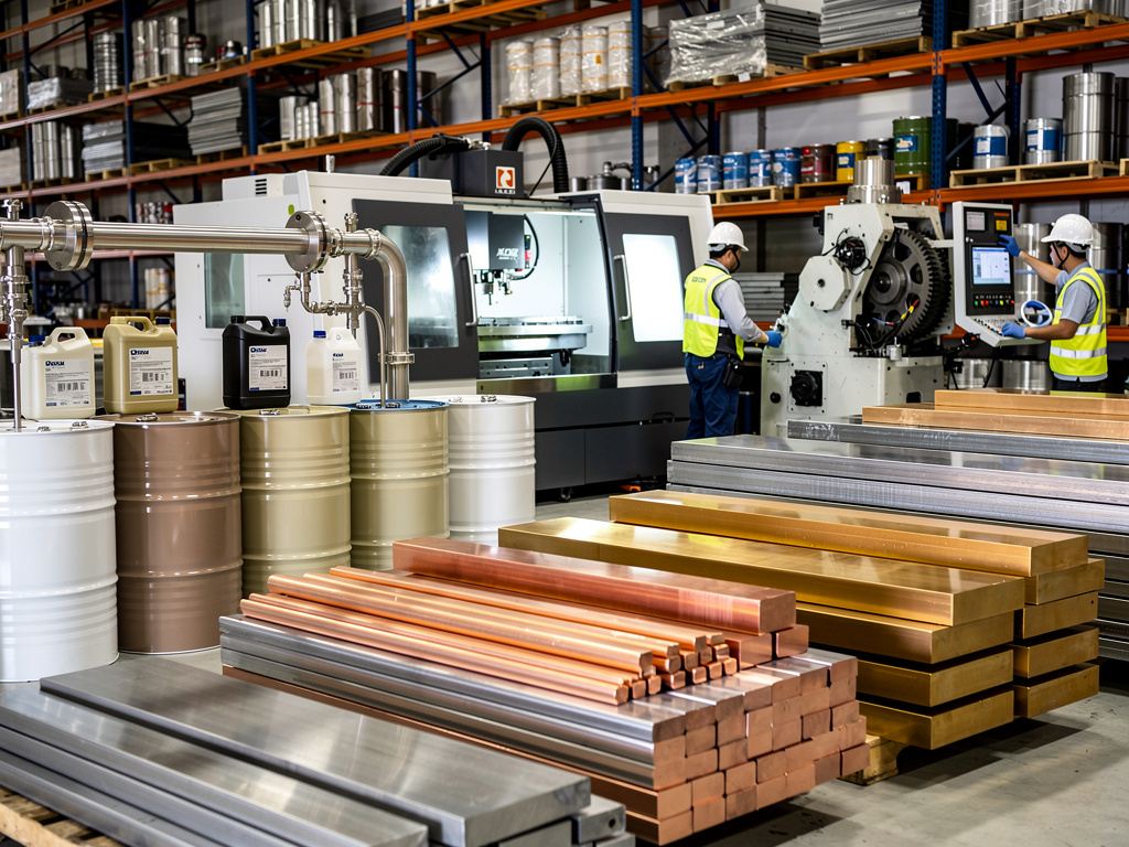 Fábrica metalúrgica con barras de cobre y latón, bidones industriales y operarios manejando maquinaria CNC Fábrica metalúrgica con barras de cobre y latón, bidones industriales y operarios manejando maquinaria CNC