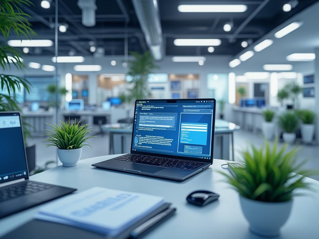 Modern office with laptops on desks, focus on open laptop displaying code, surrounded by green plants.
