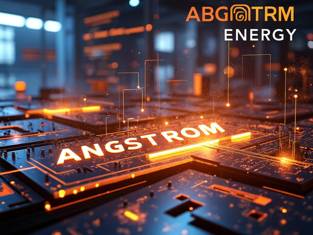 Primer plano de un circuito impreso futurista con iluminación naranja y el texto 'ANGSTROM' en el centro, acompañado del logo 'ABG TRM Energy' en la esquina superior derecha.