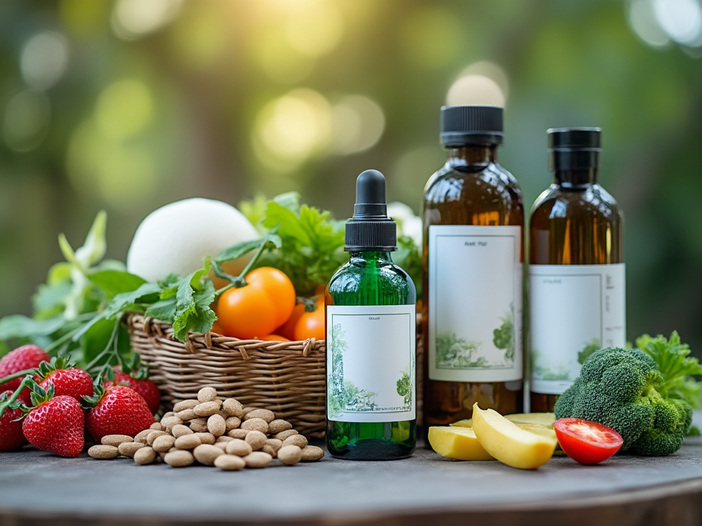 Mesa con botellas de aceite natural, canasta de frutas y verduras frescas como fresas, tomates amarillos, brócoli y almendras.