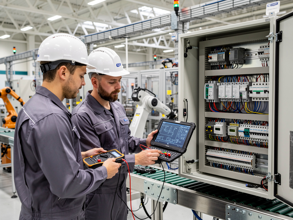 Técnicos industriales con casco revisan un panel eléctrico con multímetro y tablet en una fábrica automatizada