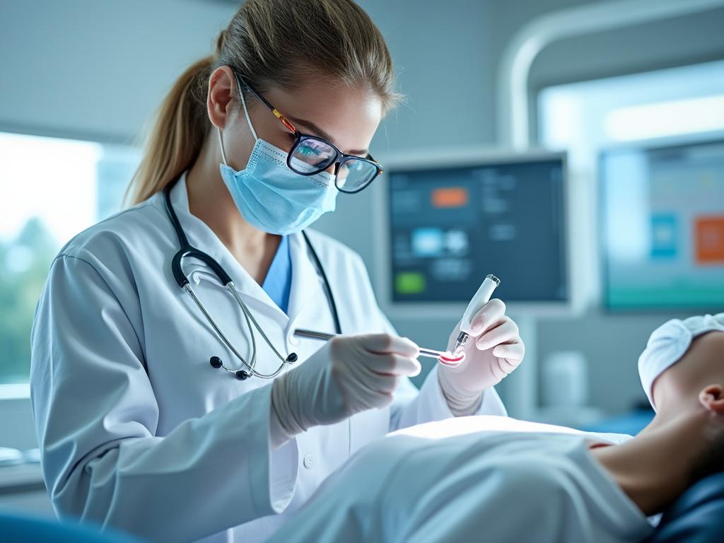 Dentista realizando un procedimiento dental en una clínica moderna, con equipo médico de fondo.