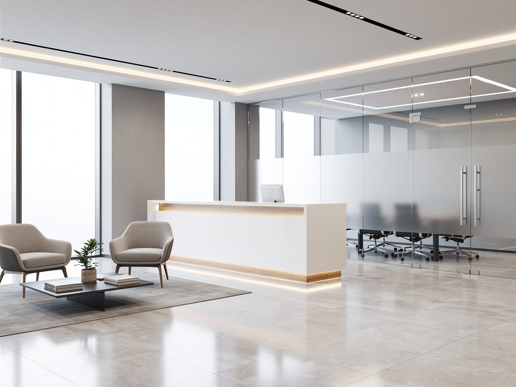 Recepción moderna de oficina con mostrador iluminado, sala de espera y sala de reuniones acristalada