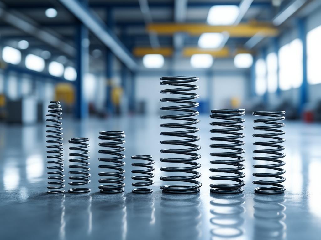Resortes metálicos de diferentes tamaños alineados en una superficie brillante dentro de una fábrica.