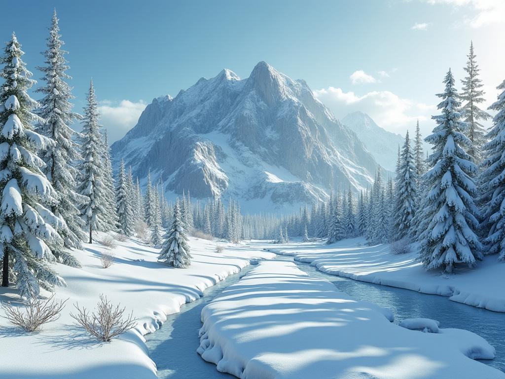 Paisaje invernal con montañas nevadas, abetos cubiertos de nieve y un río congelado bajo un cielo azul claro.