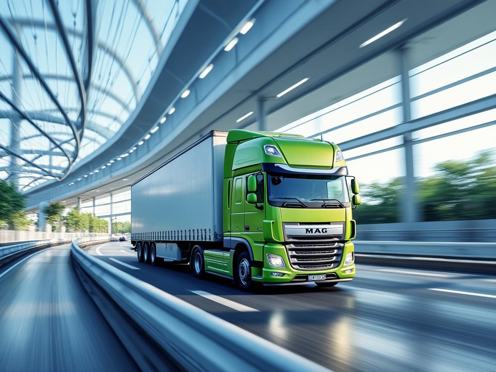 Camión verde de carga en movimiento sobre un puente moderno.