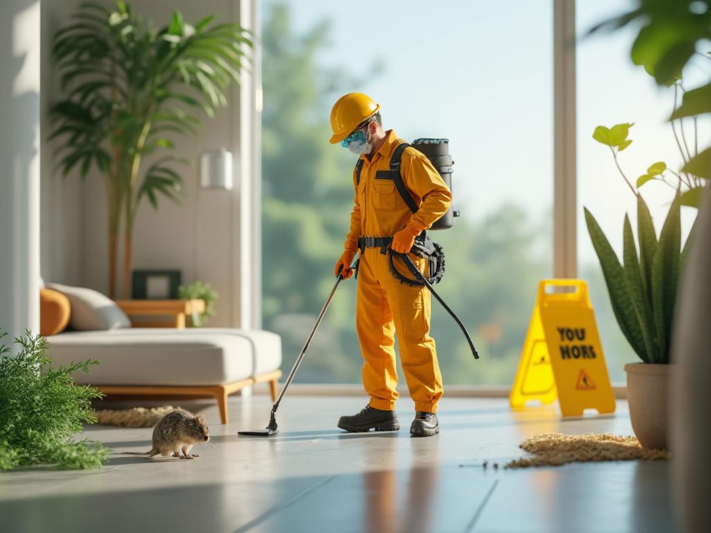 Trabajador en equipo de protección contra plagas inspeccionando un ratón en una sala luminosa con plantas.