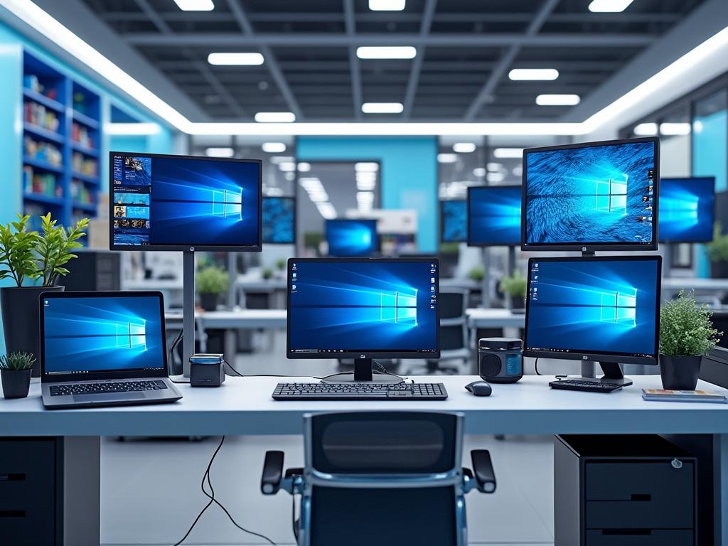 Oficina moderna con varias computadoras, monitores de pantalla múltiple, y plantas decorativas en el escritorio.