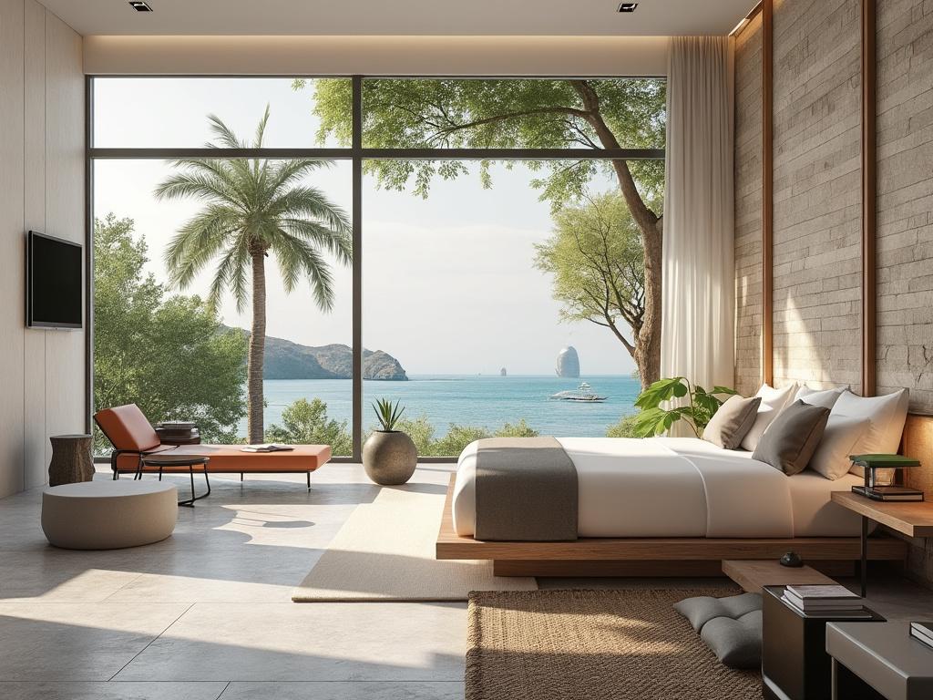 Habitación moderna con vista al mar, cama grande, palmeras y gran ventanal.