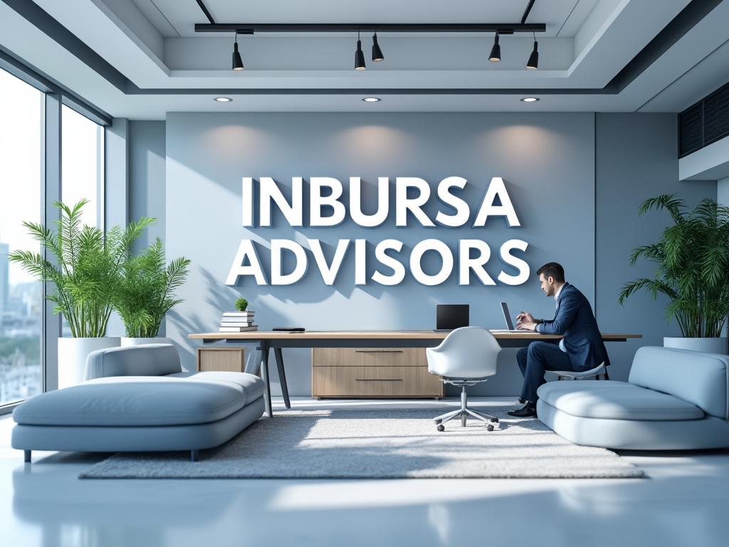 Oficina moderna de INBURSA ADVISORS con muebles elegantes y plantas, hombre trabajando en el escritorio.