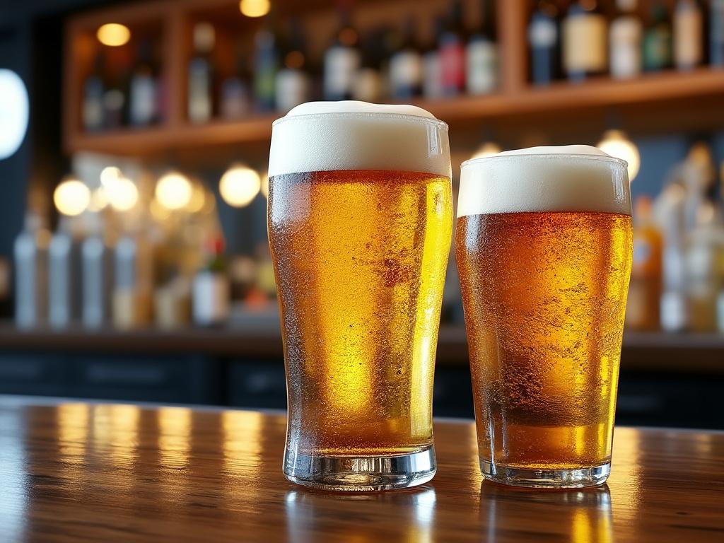 Dos vasos de cerveza ámbar con espuma en un bar iluminado.