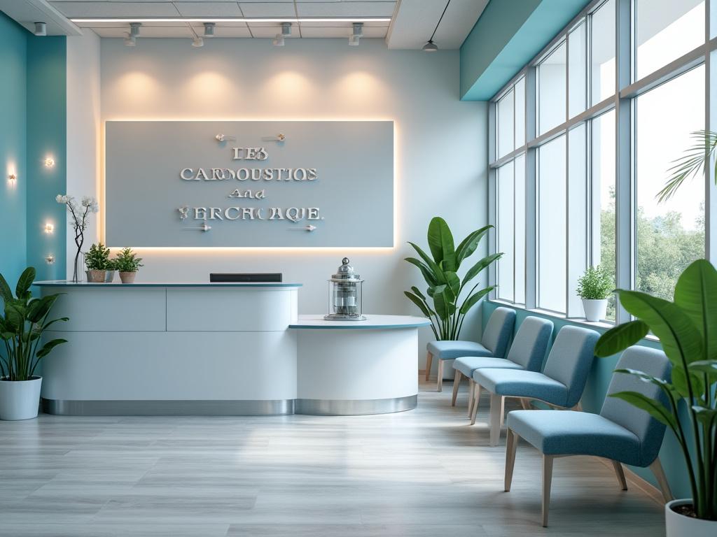 Recepción moderna con plantas, sillas azules y luz natural.