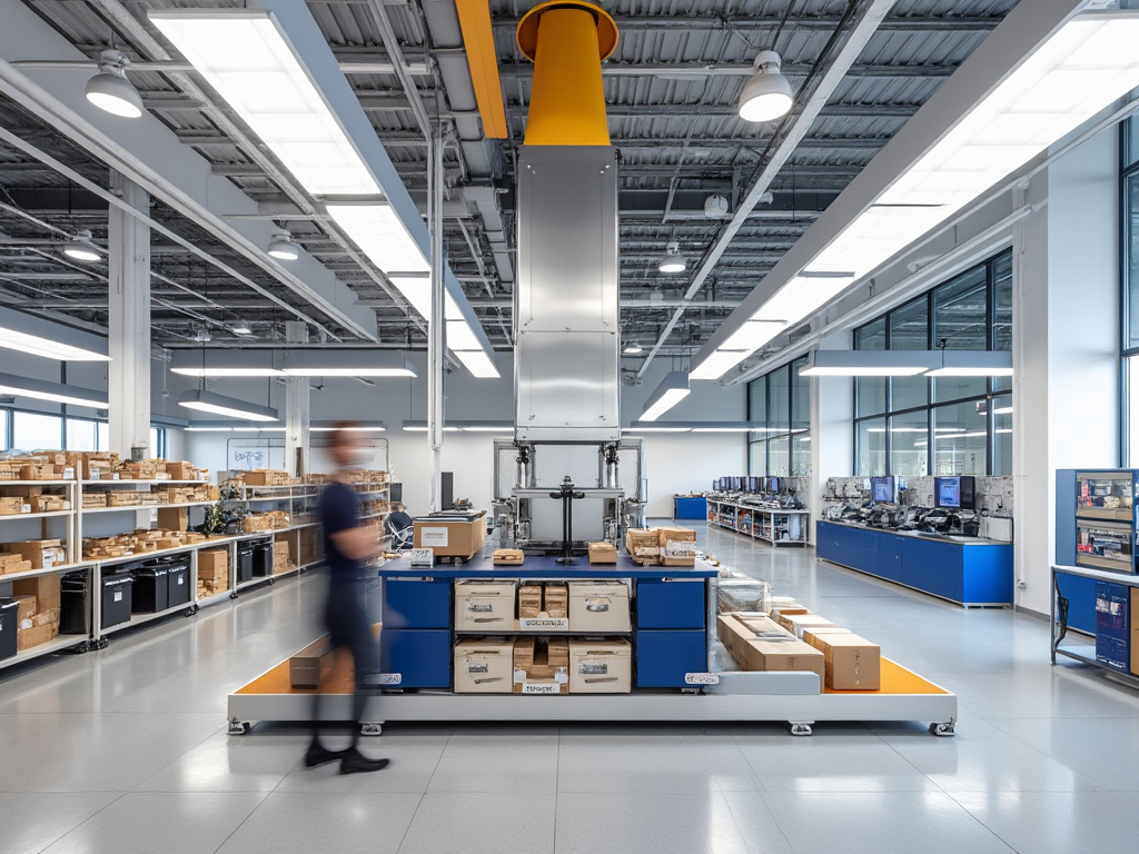 Persona moviéndose en un moderno almacén con estanterías llenas de cajas y máquinas industriales.