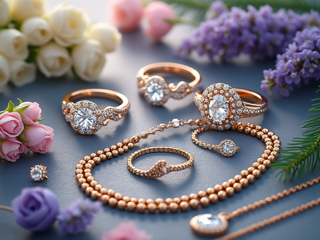 Joyas de oro rosa con diamantes rodeadas de flores en un fondo azul.