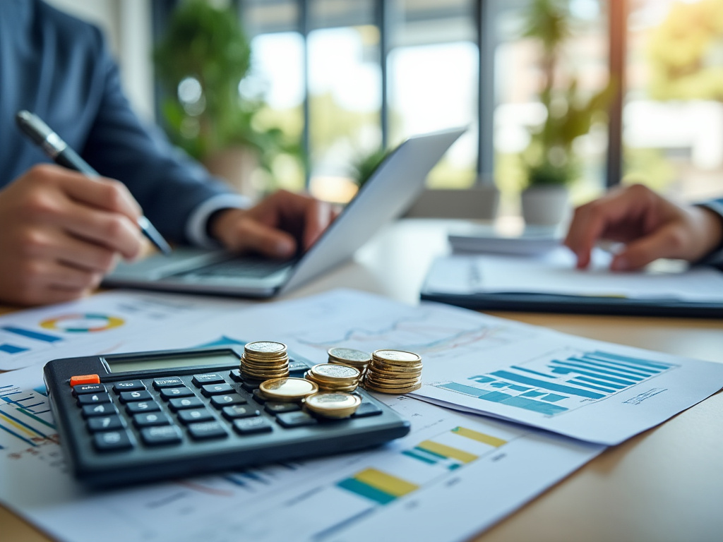 Business meeting with charts, calculator, coins, and laptops on a desk, analyzing financial data.